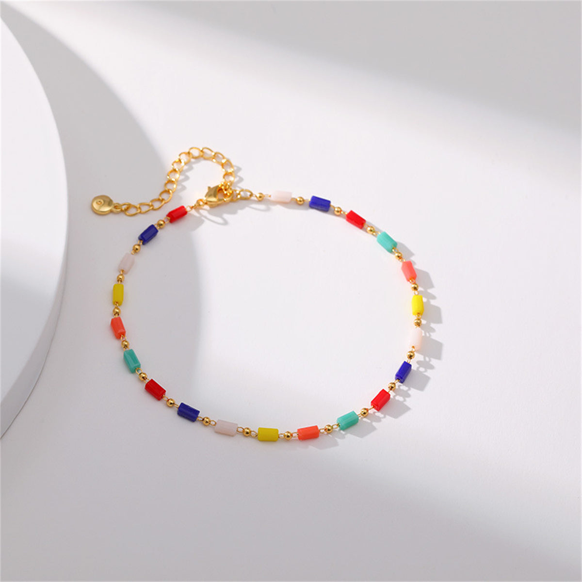 Blue Muliticolor Acrylic and 18K Gold-Plated Beaded Anklet, gold anklet bracelet, everyday style, side view