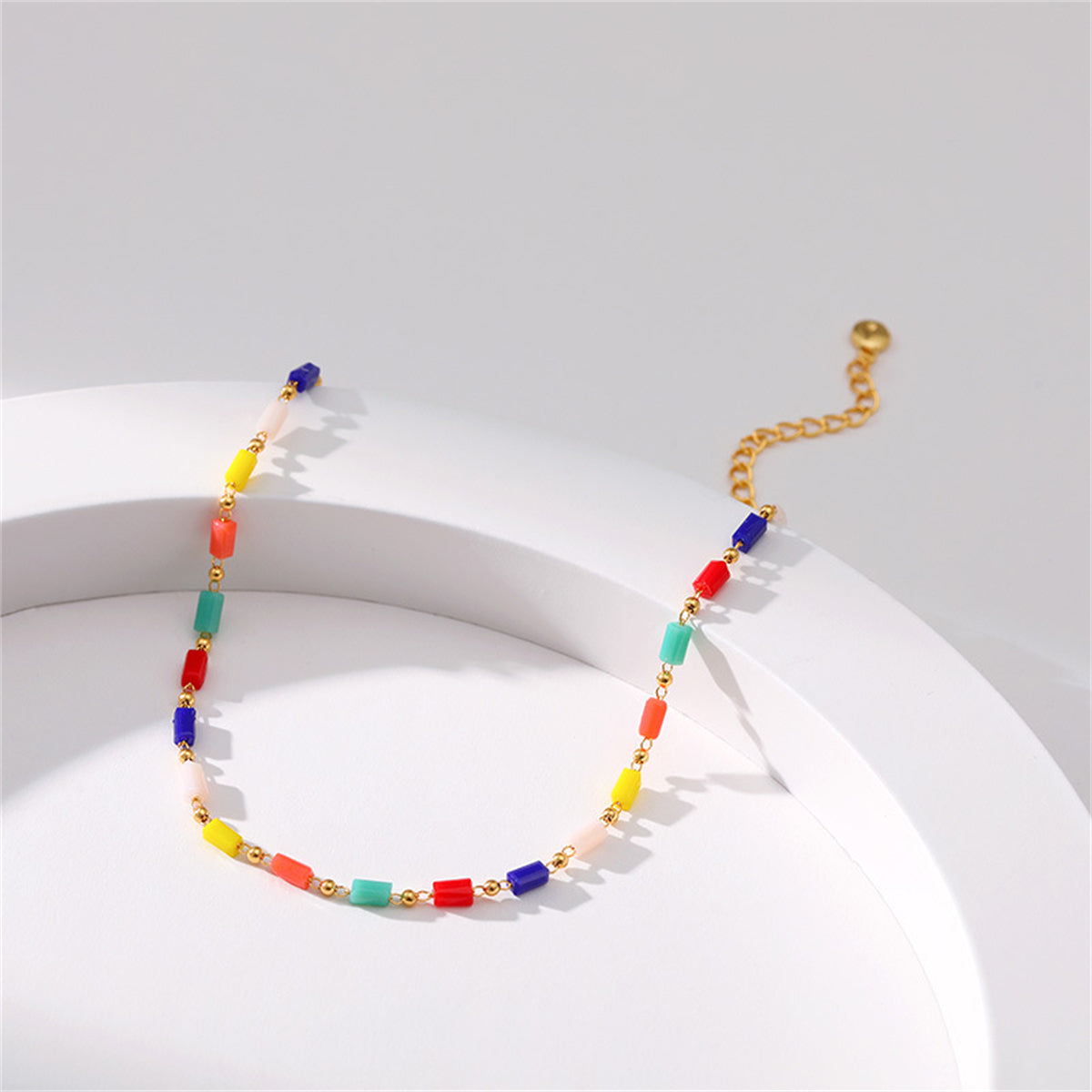 Blue Muliticolor Acrylic and 18K Gold-Plated Beaded Anklet, gold anklet bracelet, everyday style, detail close-up
