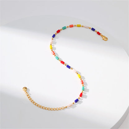 Blue Muliticolor Acrylic and 18K Gold-Plated Beaded Anklet, gold anklet bracelet, everyday style, lifestyle look