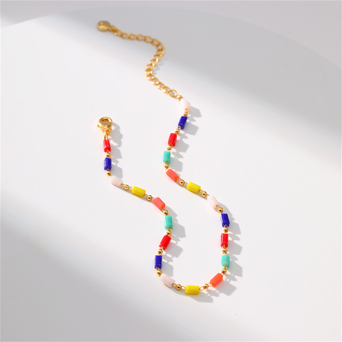 Blue Muliticolor Acrylic and 18K Gold-Plated Beaded Anklet, gold anklet bracelet, everyday style, styled look