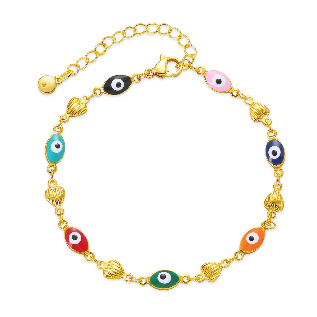 Blue Multicolor Enamel and 18K Gold-Plated Evil Eye Hearts Station Bracelet, gold bracelet for women, front view