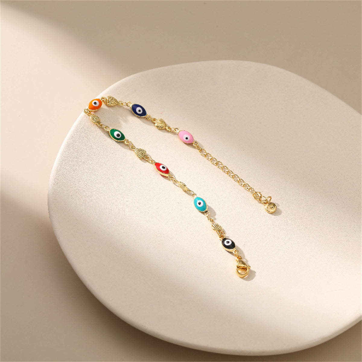 Blue Multicolor Enamel and 18K Gold-Plated Evil Eye Hearts Station Bracelet, gold bracelet for women, lifestyle look