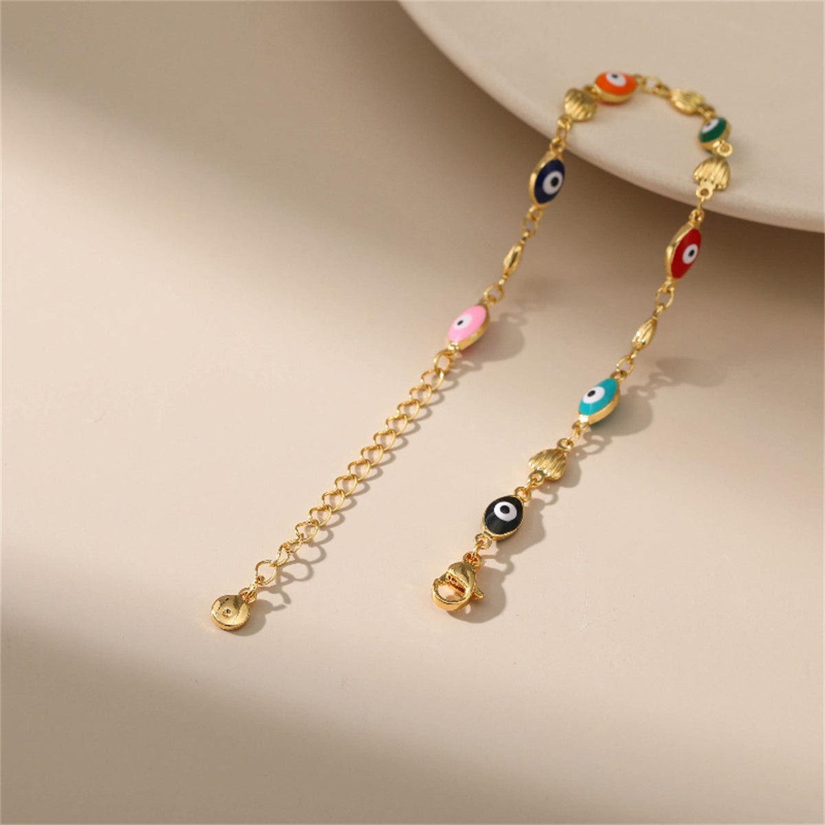 Blue Multicolor Enamel and 18K Gold-Plated Evil Eye Hearts Station Bracelet, gold bracelet for women, side view