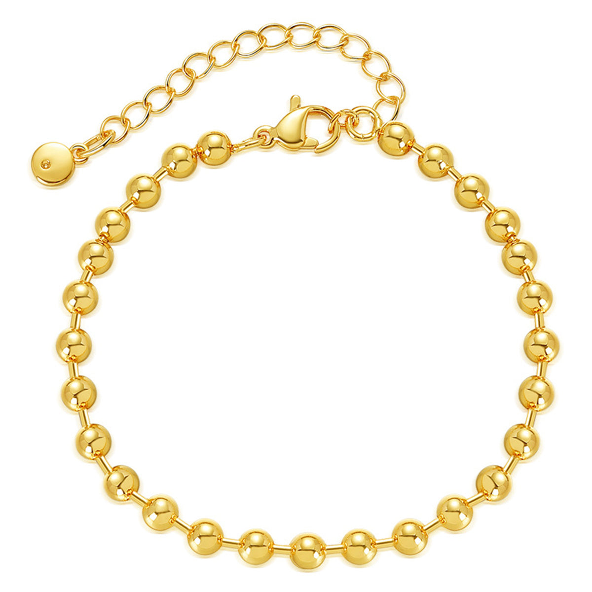 Elegant 18K gold-plated bead chain bracelet displayed on a pristine white background, showcasing its luxurious shine.