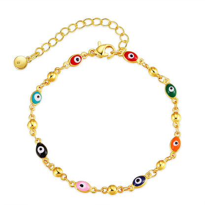 Red Enamel and 18K Gold-Plated Multicolor Evil Eye Station Bracelet, gold bracelet for women, front view
