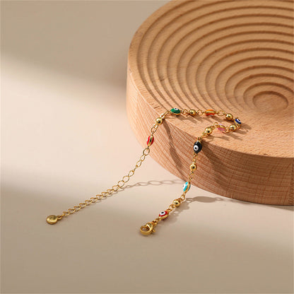 Red Enamel and 18K Gold-Plated Multicolor Evil Eye Station Bracelet, gold bracelet for women, detail close-up