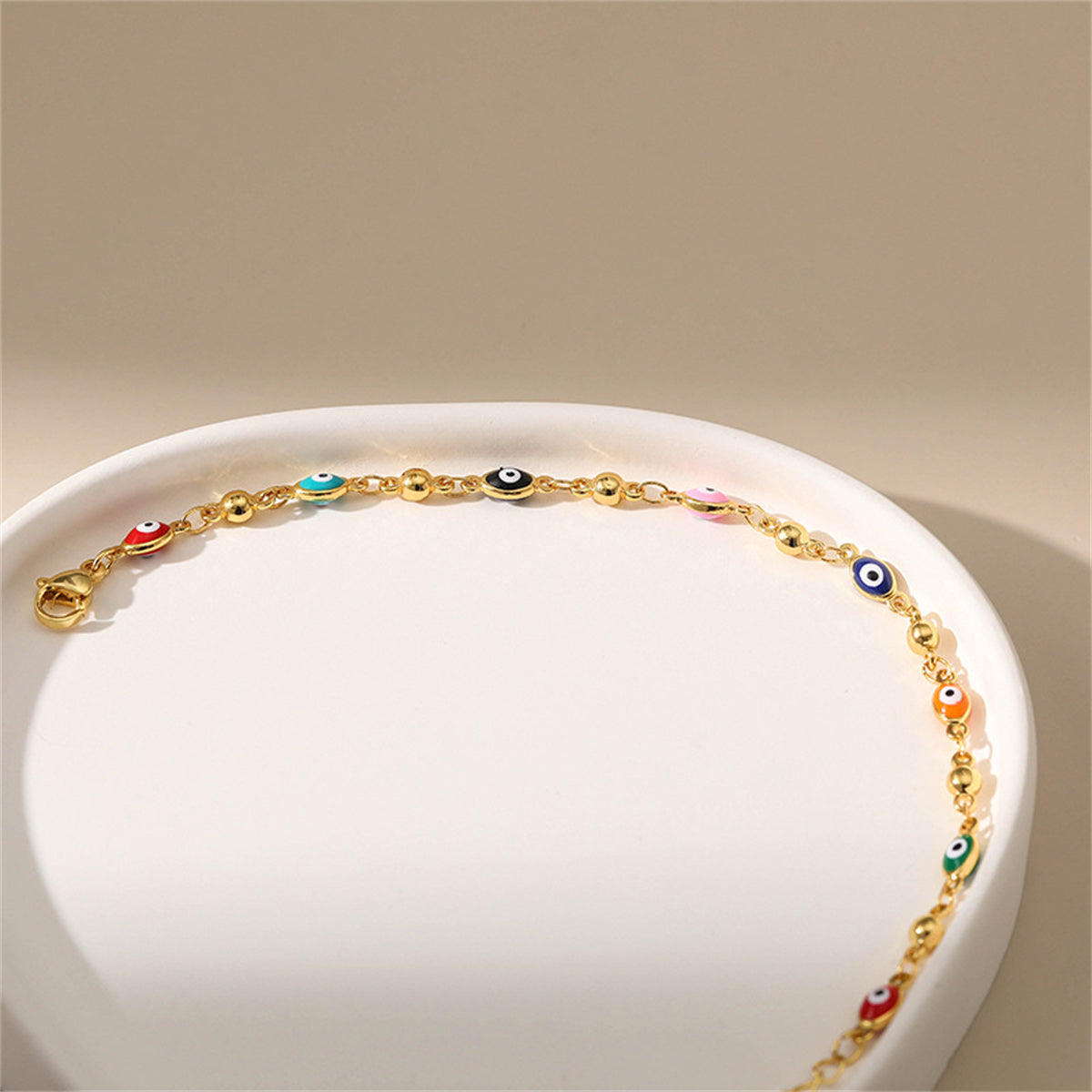 Red Enamel and 18K Gold-Plated Multicolor Evil Eye Station Bracelet, gold bracelet for women, lifestyle look