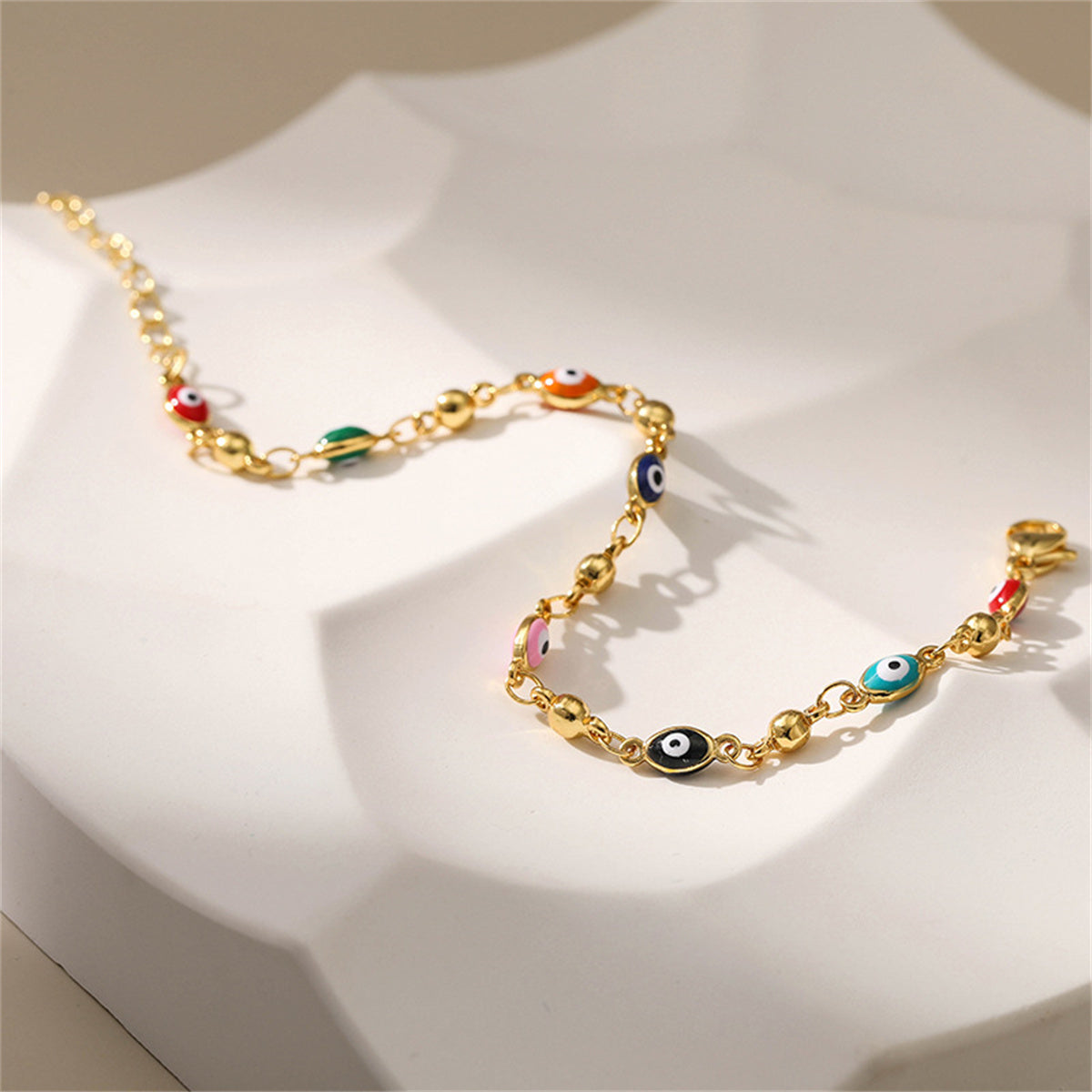 Red Enamel and 18K Gold-Plated Multicolor Evil Eye Station Bracelet, gold bracelet for women, side view