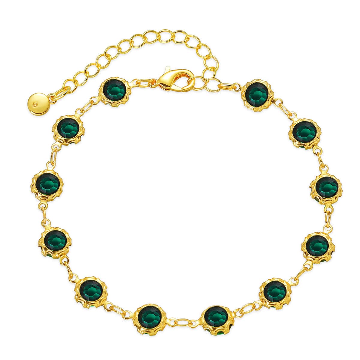 Green Crystal and 18K Gold-Plated Round Station Bracelet, gold bracelet for women, dainty minimalist design, front view
