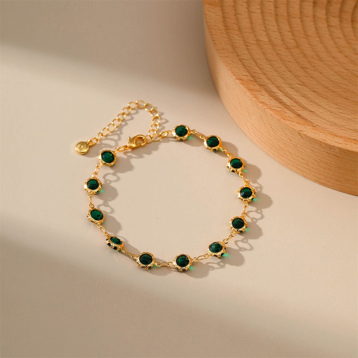 Green Crystal and 18K Gold-Plated Round Station Bracelet, gold bracelet for women, dainty minimalist design, styled look