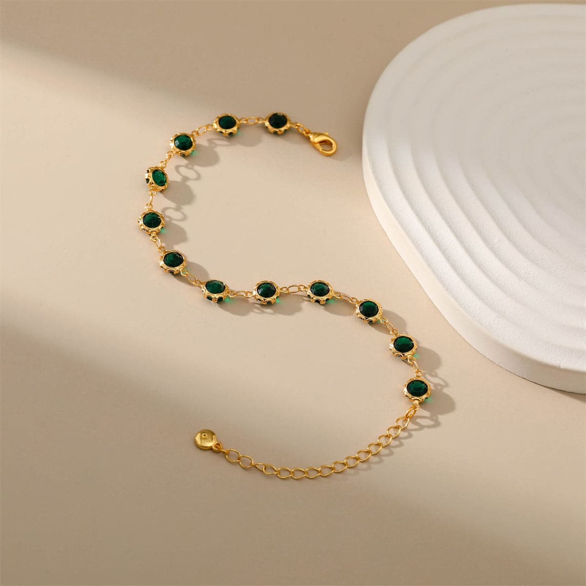 Green Crystal and 18K Gold-Plated Round Station Bracelet, gold bracelet for women, dainty minimalist design, side view