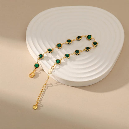 Green Crystal and 18K Gold-Plated Round Station Bracelet, gold bracelet for women, dainty minimalist design, detail close-up