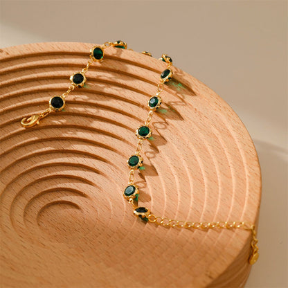 Green Crystal and 18K Gold-Plated Round Station Bracelet, gold bracelet for women, dainty minimalist design, lifestyle look