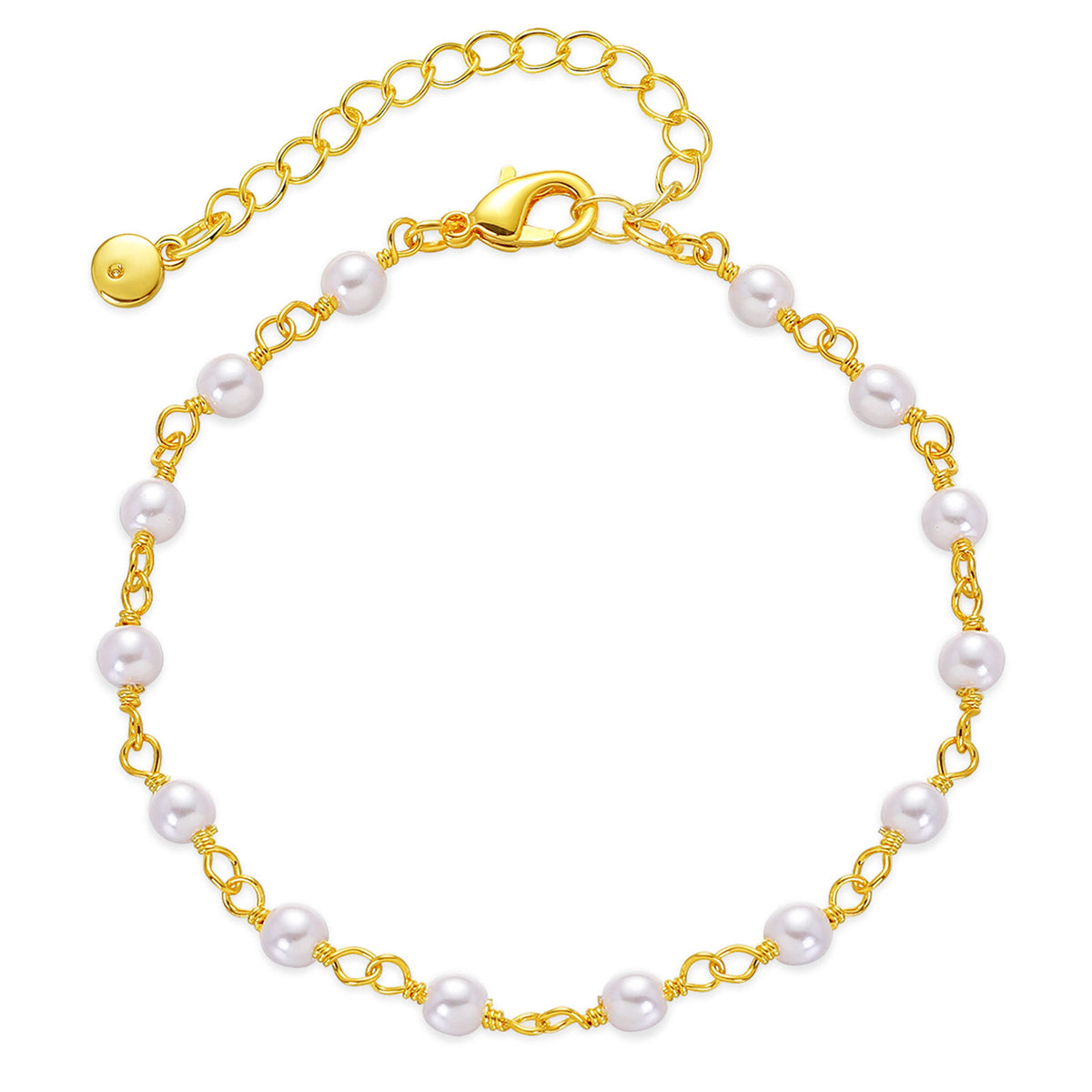 White Pearl and 18K Gold-Plated Round Station Anklet, gold anklet bracelet, elegant gift for her, front view