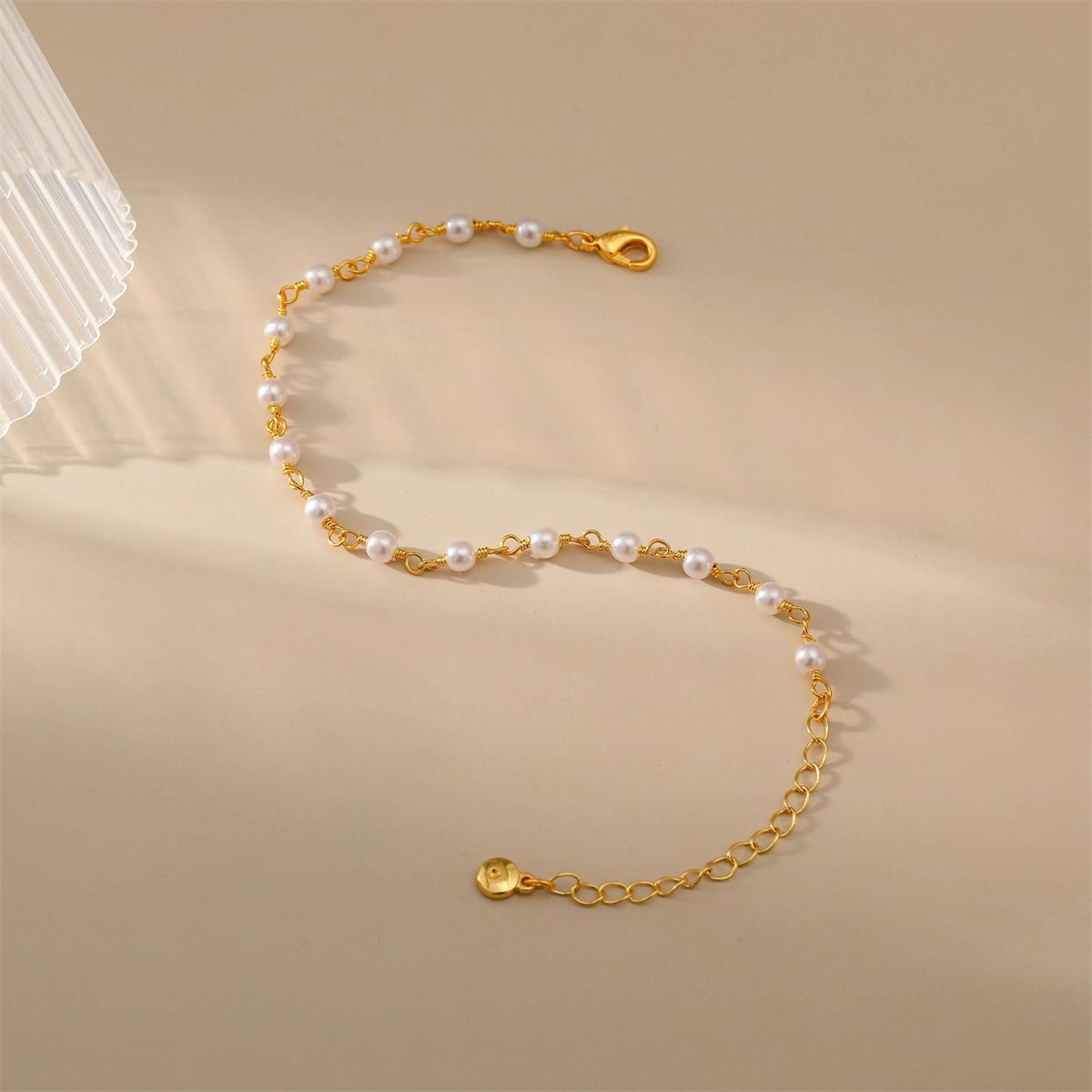 White Pearl & 18K Gold-Plated Round Station Anklet