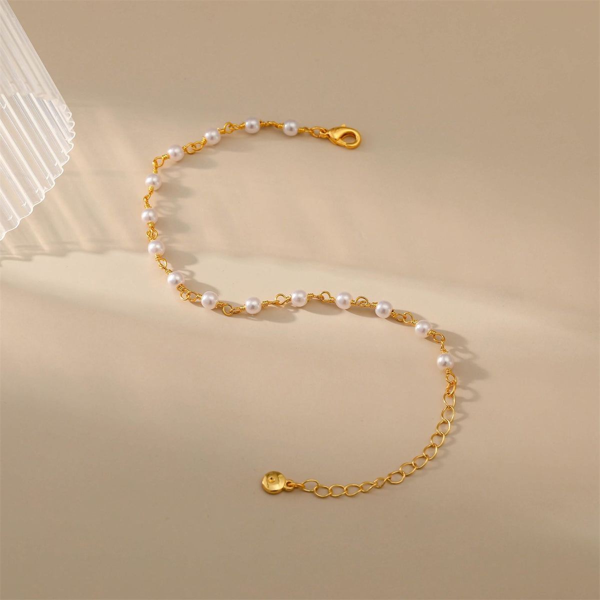 White Pearl and 18K Gold-Plated Round Station Anklet, gold anklet bracelet, elegant gift for her, lifestyle look