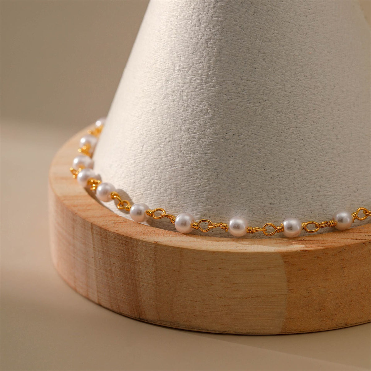 White Pearl and 18K Gold-Plated Round Station Anklet, gold anklet bracelet, elegant gift for her, side view