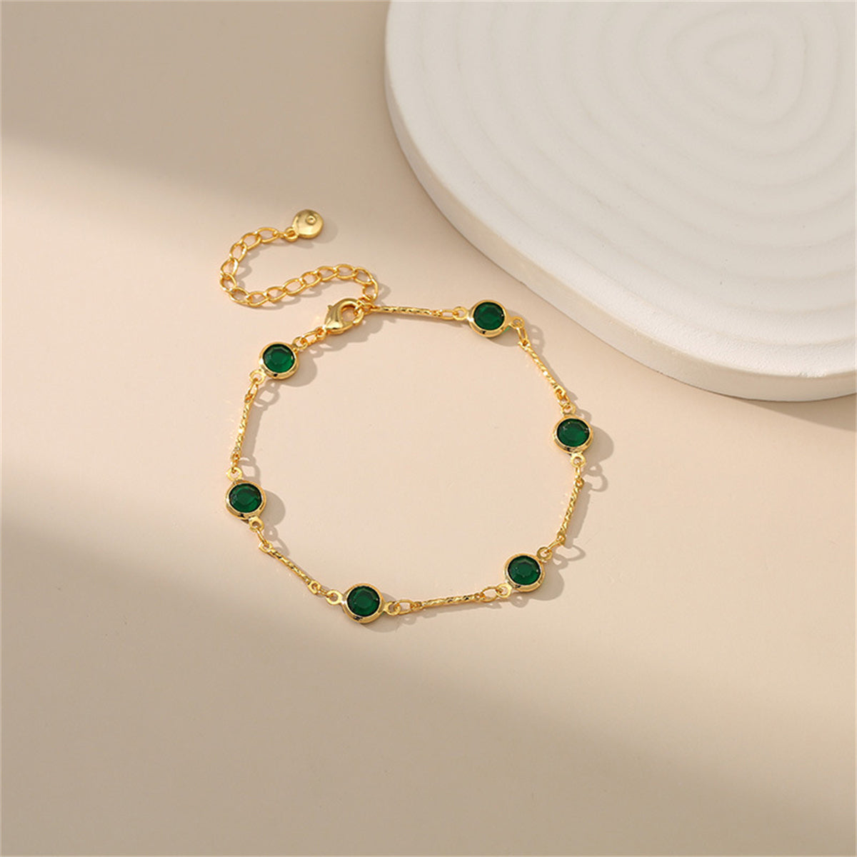 Green Crystal and 18K Gold-Plated Station Bracelet, gold bracelet for women, everyday style, side view