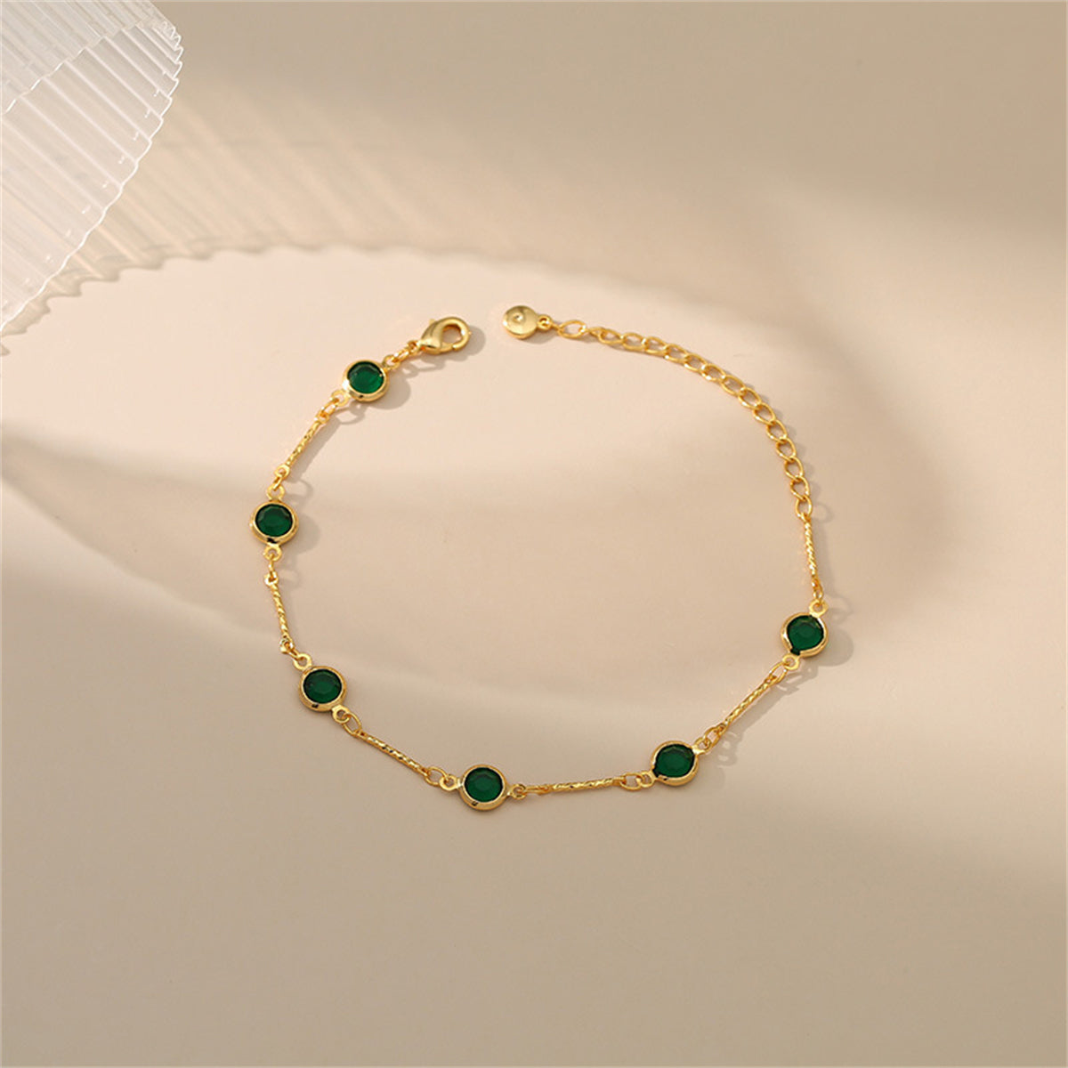 Green Crystal and 18K Gold-Plated Station Bracelet, gold bracelet for women, everyday style, detail close-up