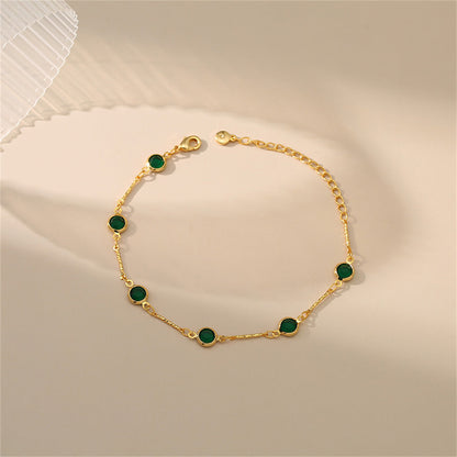Green Crystal and 18K Gold-Plated Station Bracelet, gold bracelet for women, everyday style, detail close-up