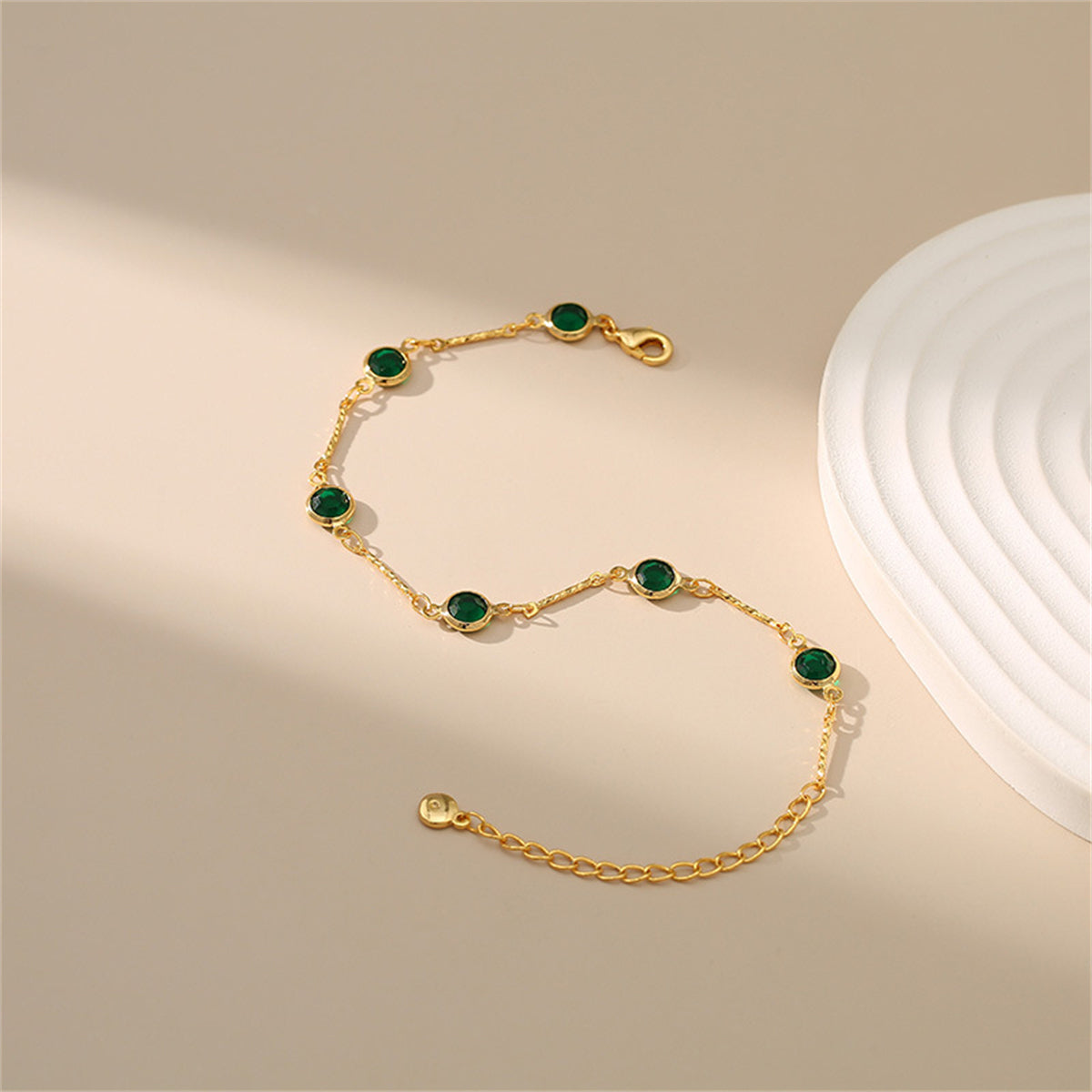 Green Crystal and 18K Gold-Plated Station Bracelet, gold bracelet for women, everyday style, lifestyle look
