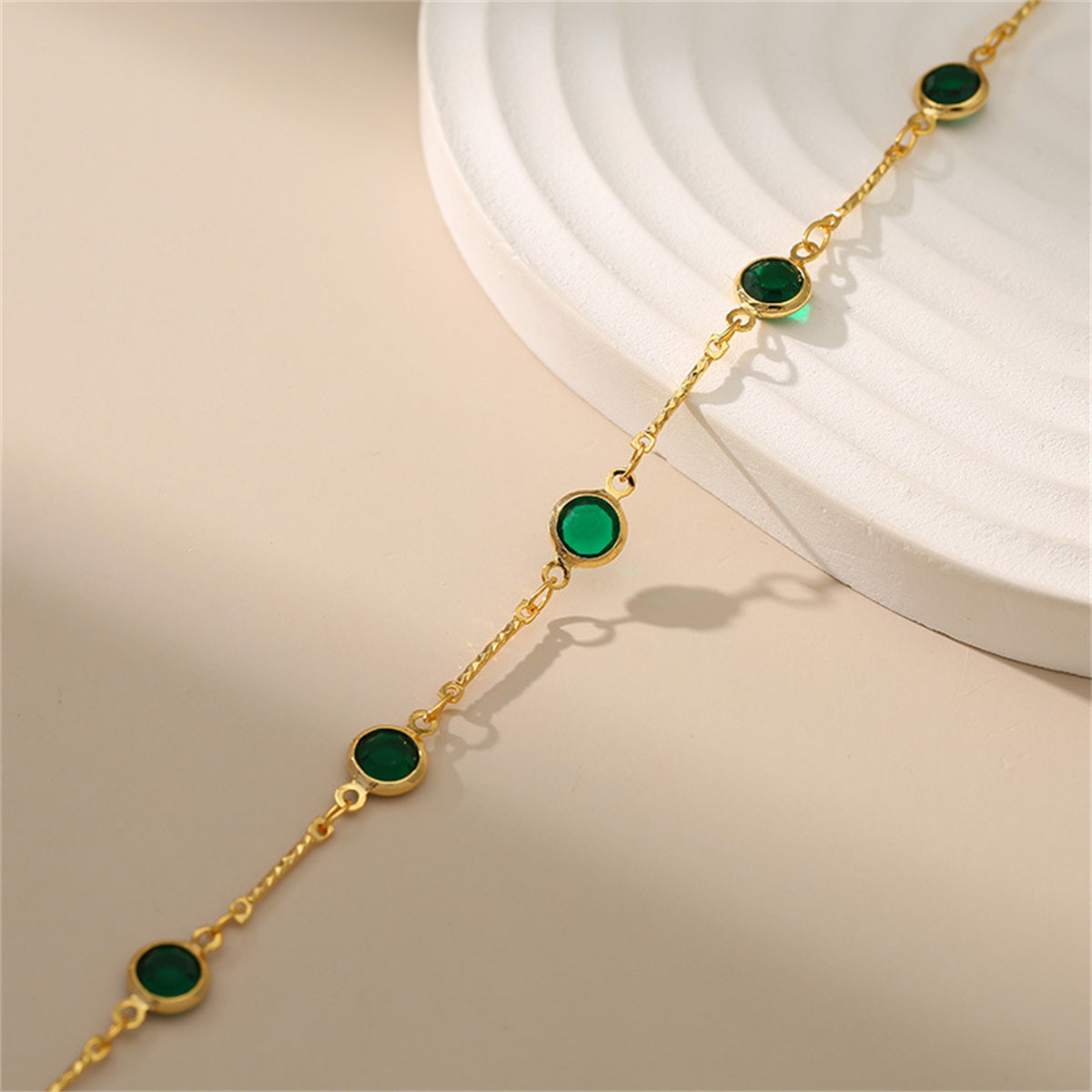 Green Crystal and 18K Gold-Plated Station Bracelet, gold bracelet for women, everyday style, styled look