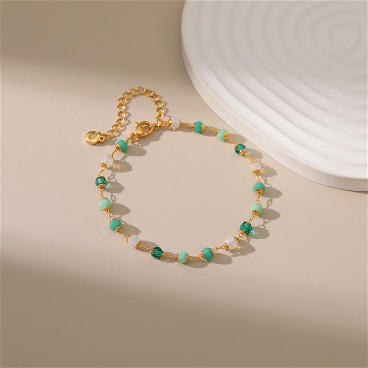 Green Acrylic and 18K Gold-Plated Beaded Bracelet, gold bracelet for women, botanical inspired, detail close-up