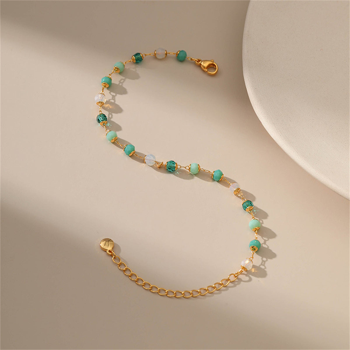 Green Acrylic and 18K Gold-Plated Beaded Bracelet, gold bracelet for women, botanical inspired, lifestyle look