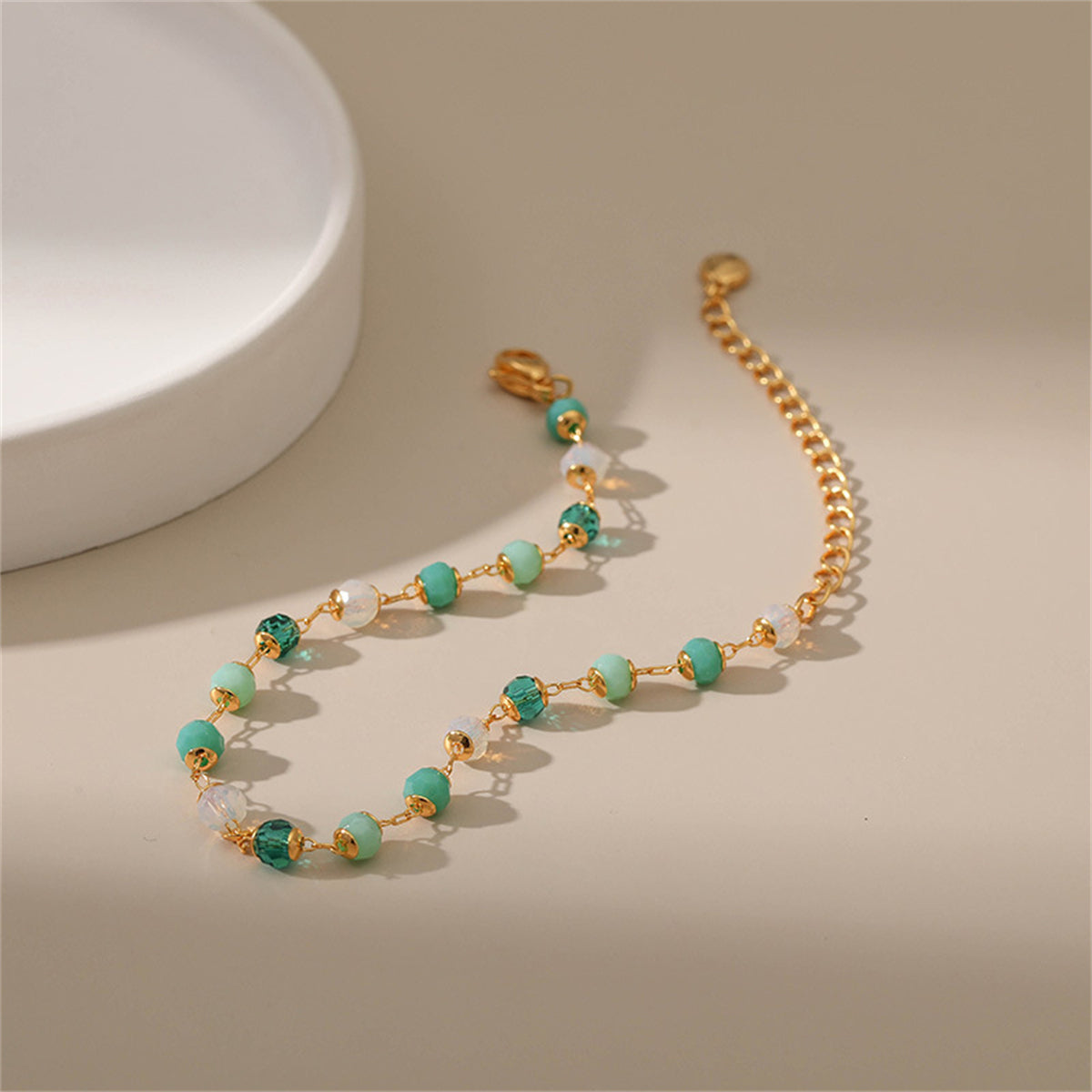 Green Acrylic and 18K Gold-Plated Beaded Bracelet, gold bracelet for women, botanical inspired, styled look