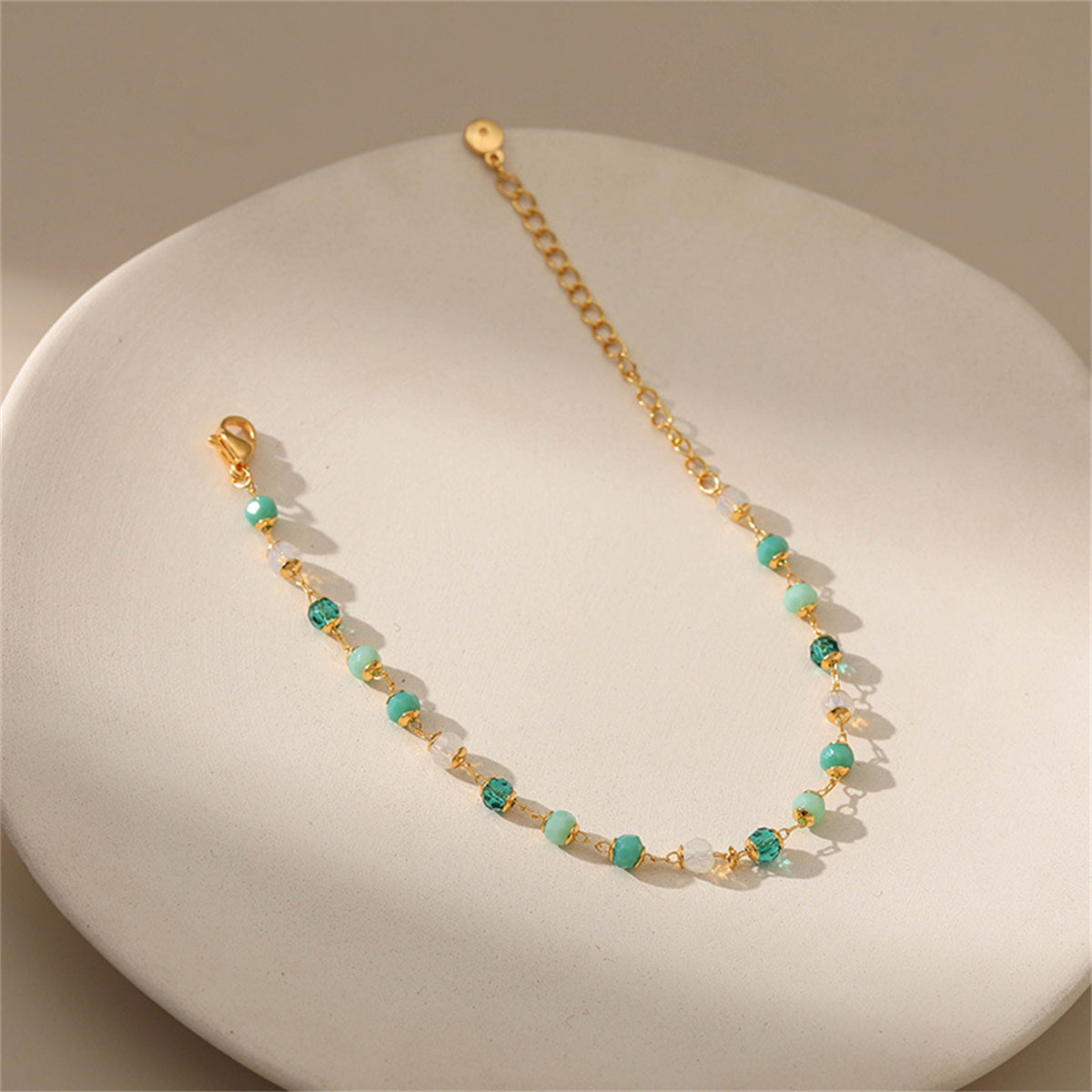 Green Acrylic and 18K Gold-Plated Beaded Bracelet, gold bracelet for women, botanical inspired, side view