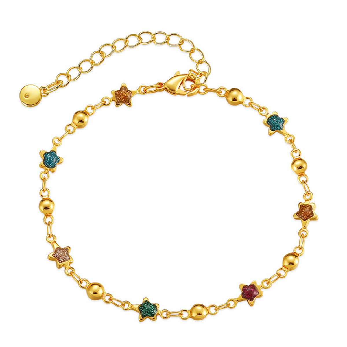 Teal Multicolor Resin and 18K Gold-Plated Star Bead Bracelet, gold bracelet for women, vintage-inspired design, front view