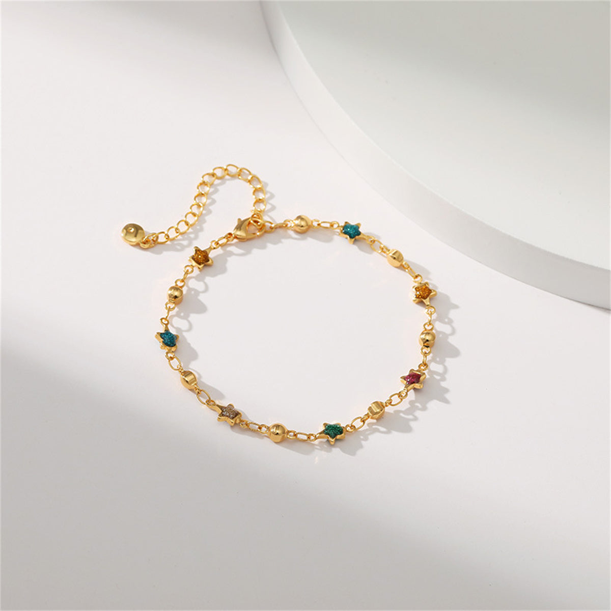 Teal Multicolor Resin and 18K Gold-Plated Star Bead Bracelet, gold bracelet for women, detail close-up