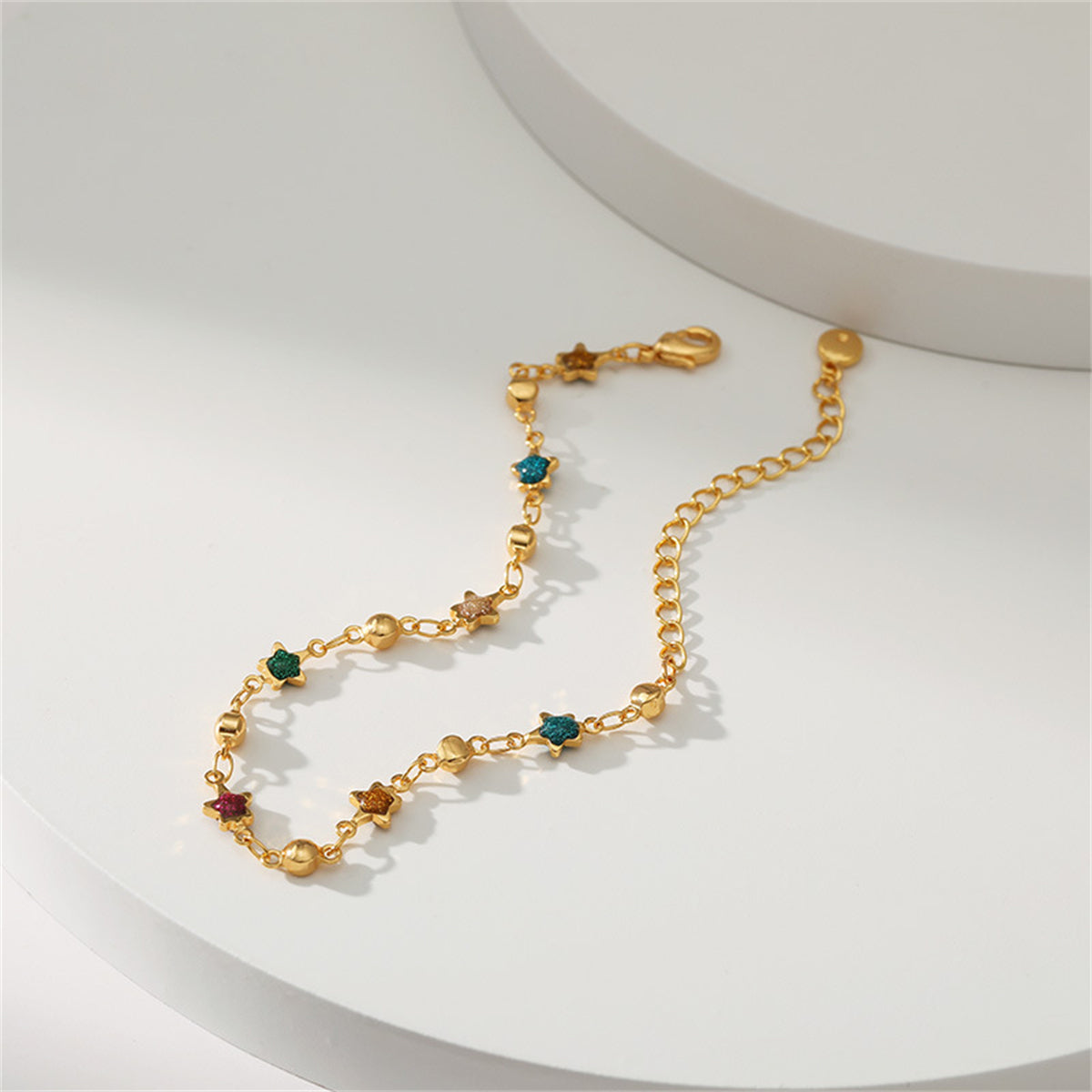 Teal Multicolor Resin and 18K Gold-Plated Star Bead Bracelet, gold bracelet for women, vintage-inspired design, styled look