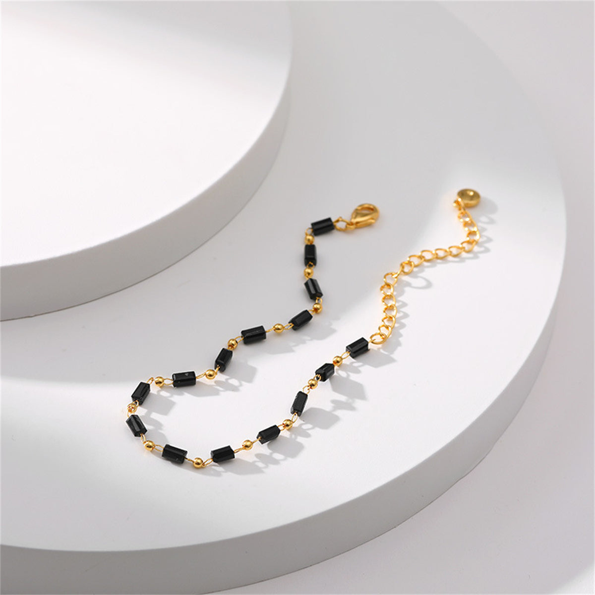 Black Acrylic and 18K Gold-Plated Beaded Bracelet, gold bracelet for women, everyday style, lifestyle look