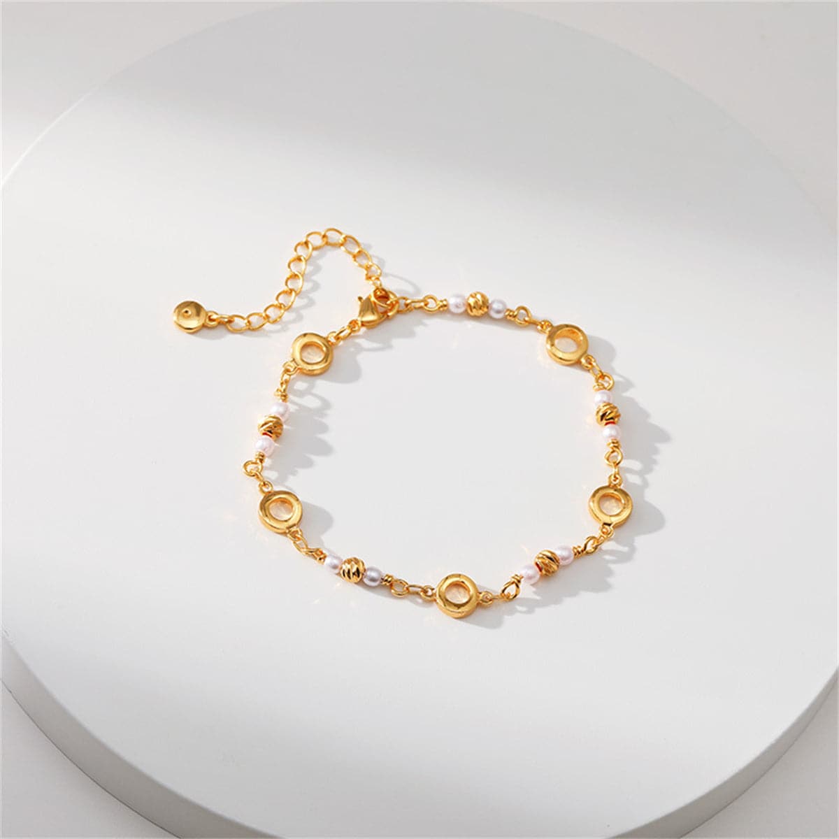 Pearl and 18K Gold-Plated Circle Station Bracelet, gold bracelet for women, elegant gift for her, front view