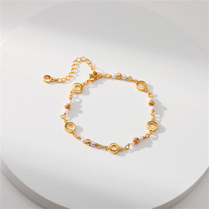 Pearl and 18K Gold-Plated Circle Station Bracelet, gold bracelet for women, elegant gift for her, front view