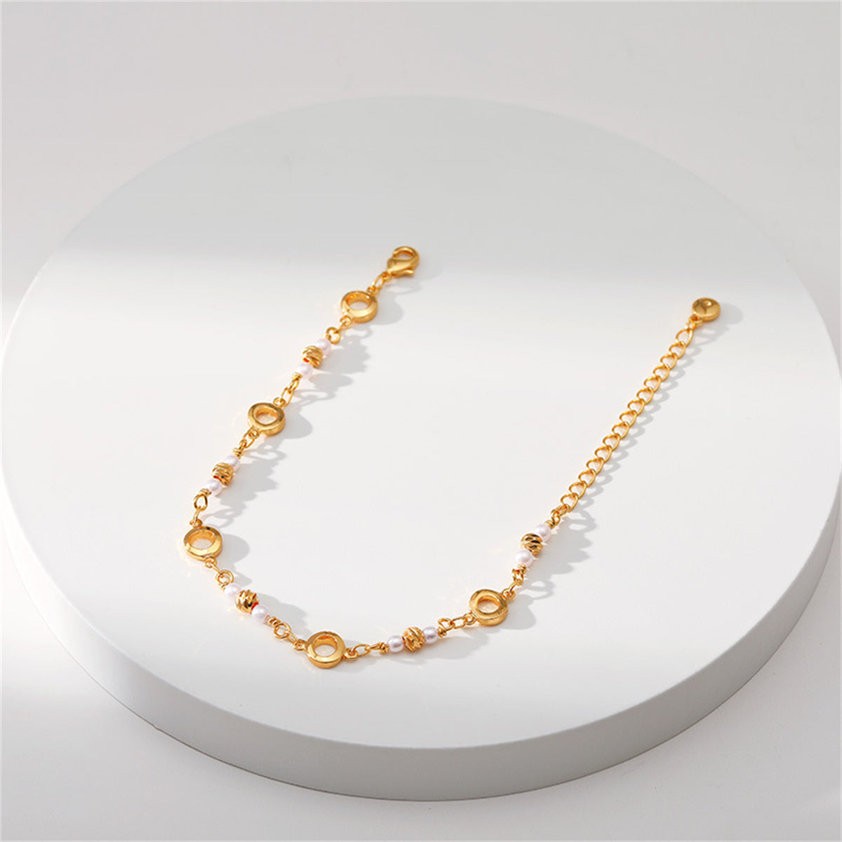 Pearl and 18K Gold-Plated Circle Station Bracelet, gold bracelet for women, elegant gift for her, styled look