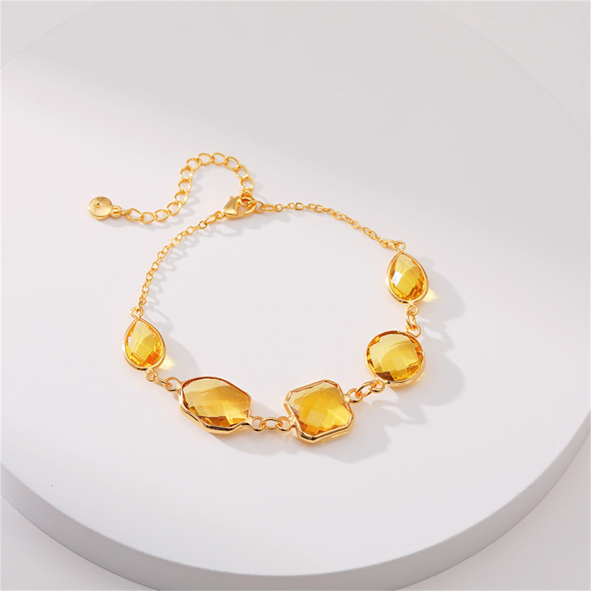 Amber Crystal and 18K Gold-Plated Geometric Station Bracelet, gold bracelet for women, everyday style, detail close-up