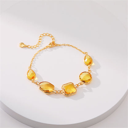 Amber Crystal and 18K Gold-Plated Geometric Station Bracelet, gold bracelet for women, everyday style, detail close-up