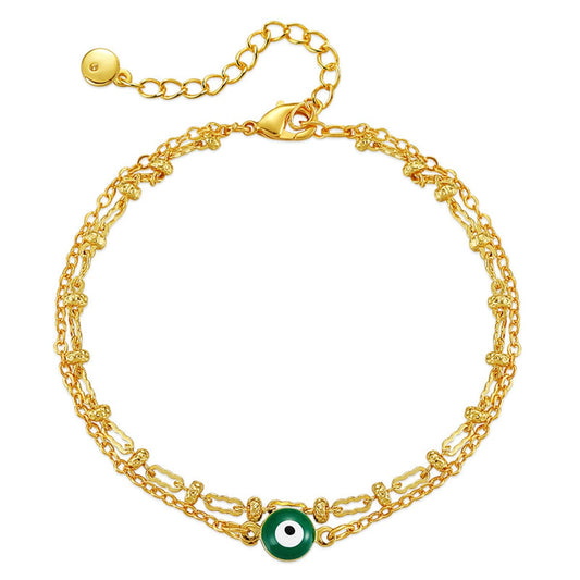Green Enamel and 18K Gold-Plated Eye Layered Bracelet, gold bracelet for women, elegant gift for her, front view