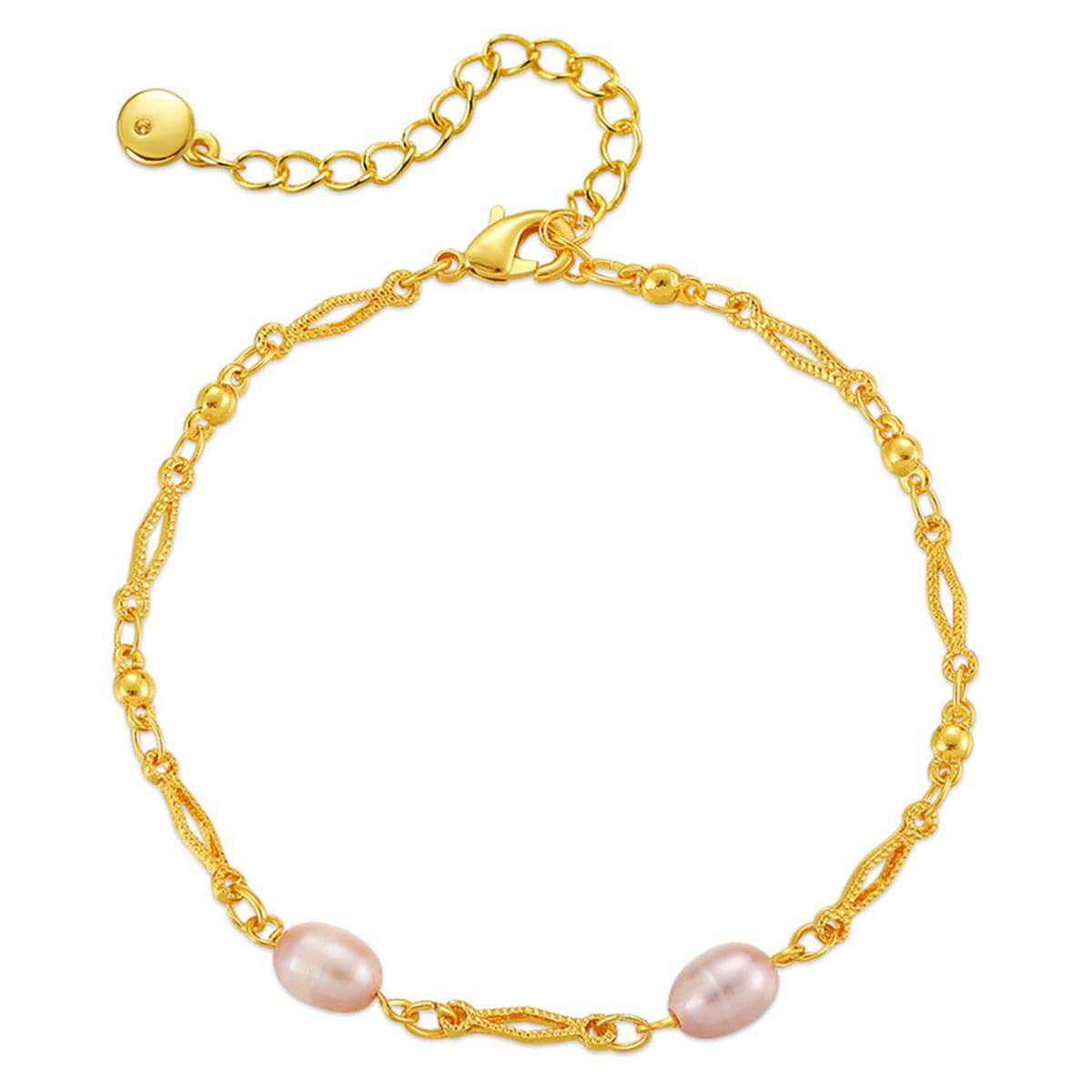 Pink Pearl and 18K Gold-Plated Diamond-Cut Bracelet, gold bracelet for women, botanical inspired, front view