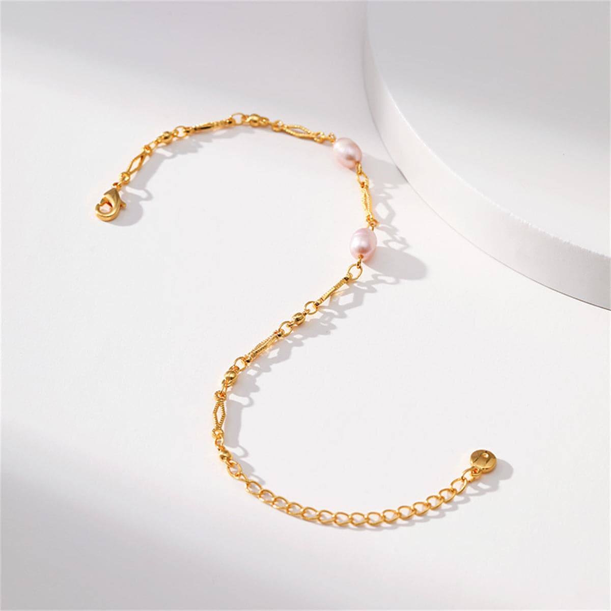 Pink Pearl and 18K Gold-Plated Diamond-Cut Bracelet, gold bracelet for women, botanical inspired, side view