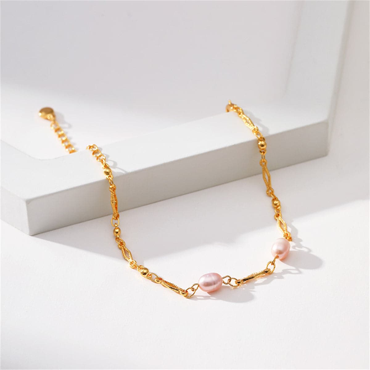 Pink Pearl and 18K Gold-Plated Diamond-Cut Bracelet, gold bracelet for women, botanical inspired, lifestyle look