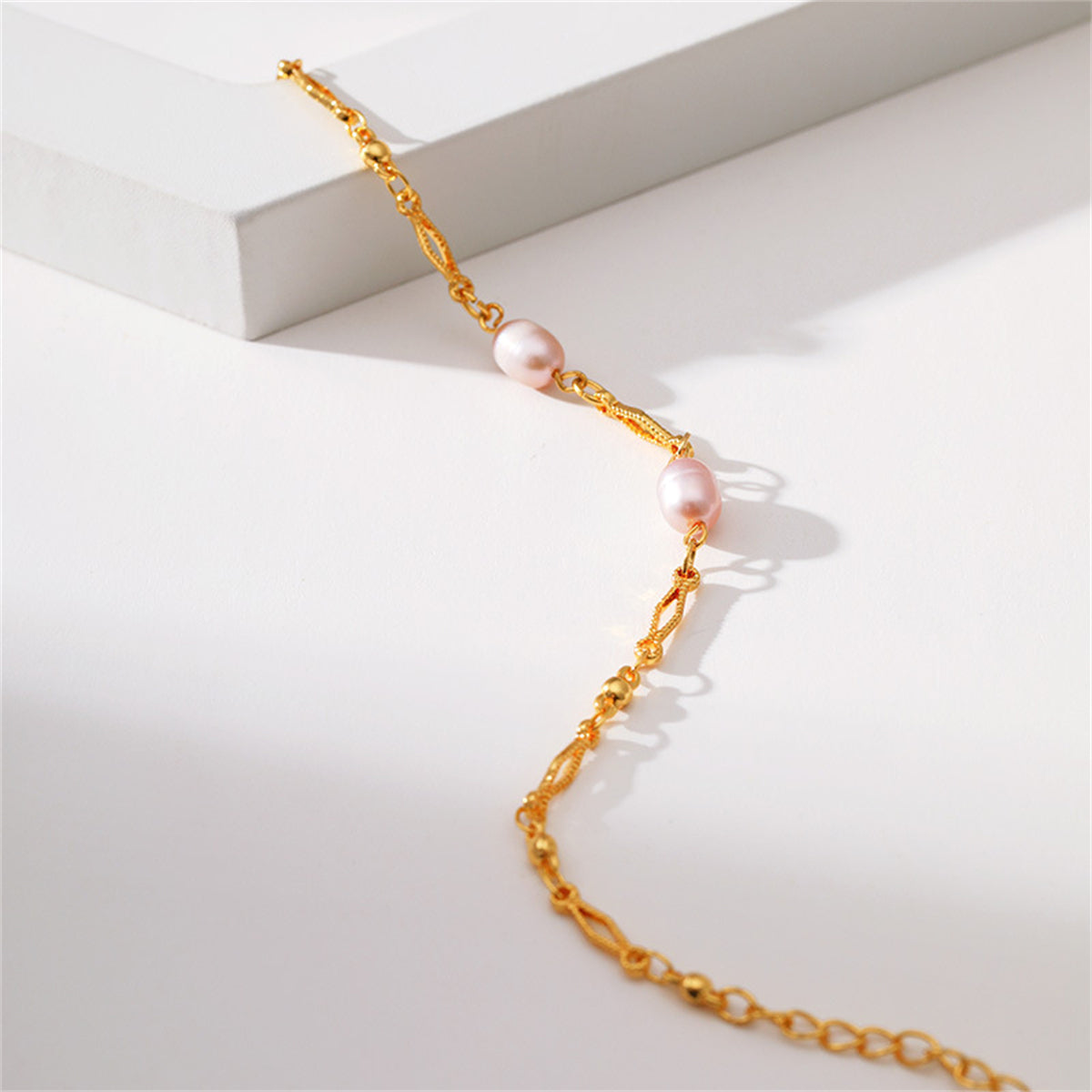 Pink Pearl and 18K Gold-Plated Diamond-Cut Bracelet, gold bracelet for women, botanical inspired, styled look