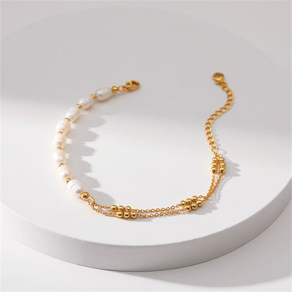 Pearl and 18K Gold-Plated Beaded Layered Bracelet, gold bracelet for women, elegant gift for her, detail close-up
