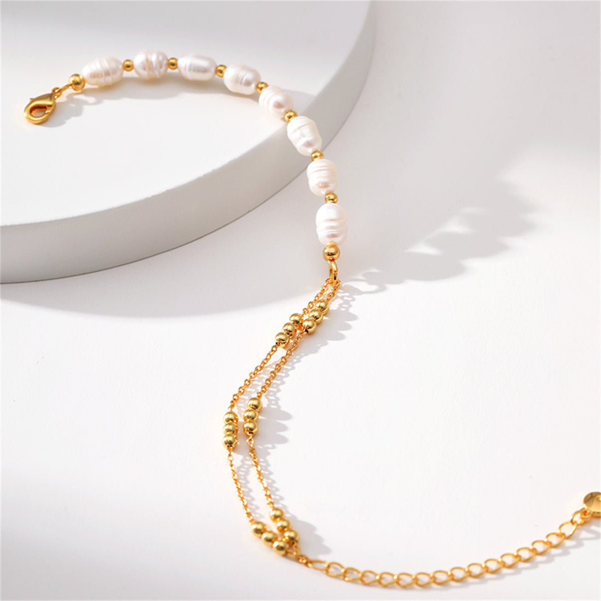 Pearl and 18K Gold-Plated Beaded Layered Bracelet, gold bracelet for women, elegant gift for her, lifestyle look