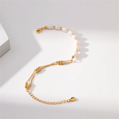 Pearl and 18K Gold-Plated Beaded Layered Bracelet, gold bracelet for women, elegant gift for her, styled look