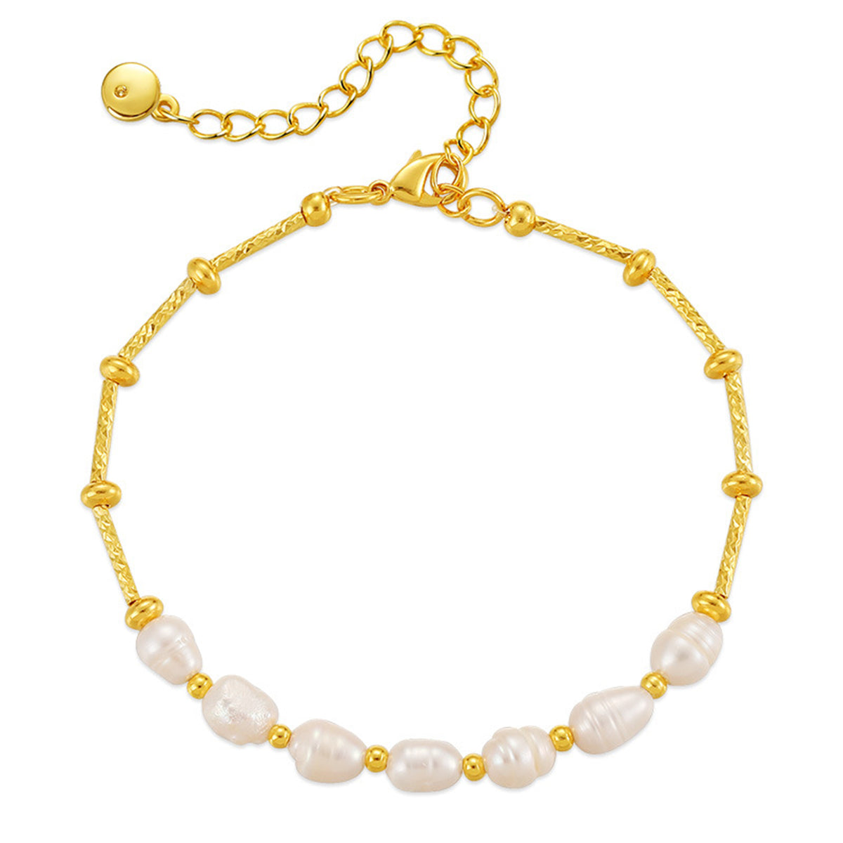 Pearl and 18K Gold-Plated Half Bar-Chain Station Bracelet, gold bracelet for women, vintage-inspired design, front view