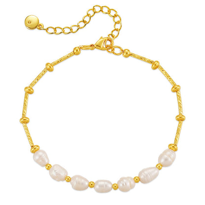 Pearl and 18K Gold-Plated Half Bar-Chain Station Bracelet, gold bracelet for women, vintage-inspired design, front view