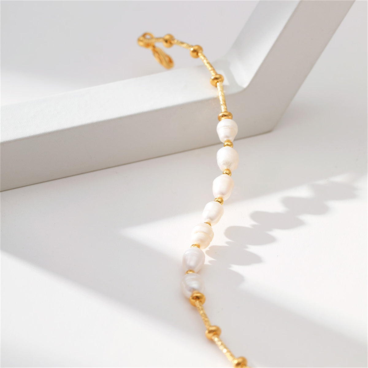 Pearl and 18K Gold-Plated Half Bar-Chain Station Bracelet, gold bracelet for women, vintage-inspired design, styled look